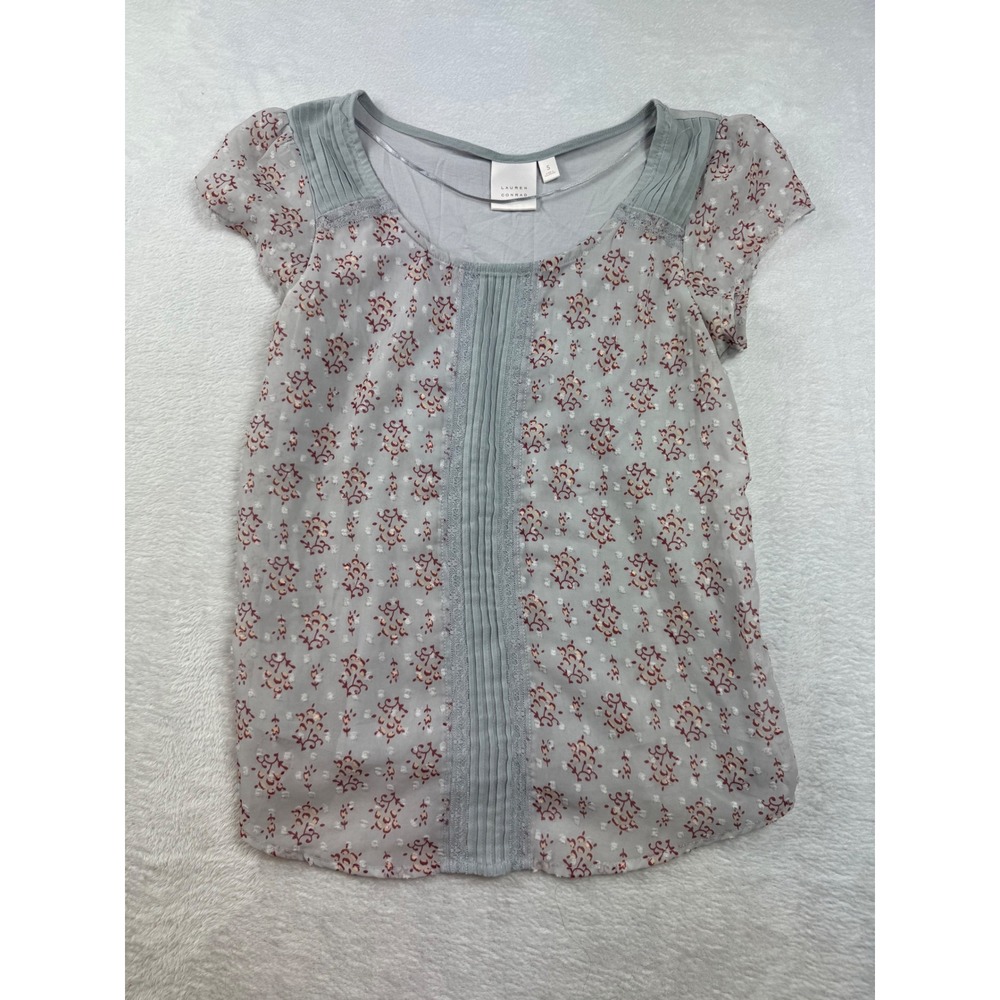 Womens Small Floral Mixed Media Pleated Lace Trim Blouse Sage Green‎